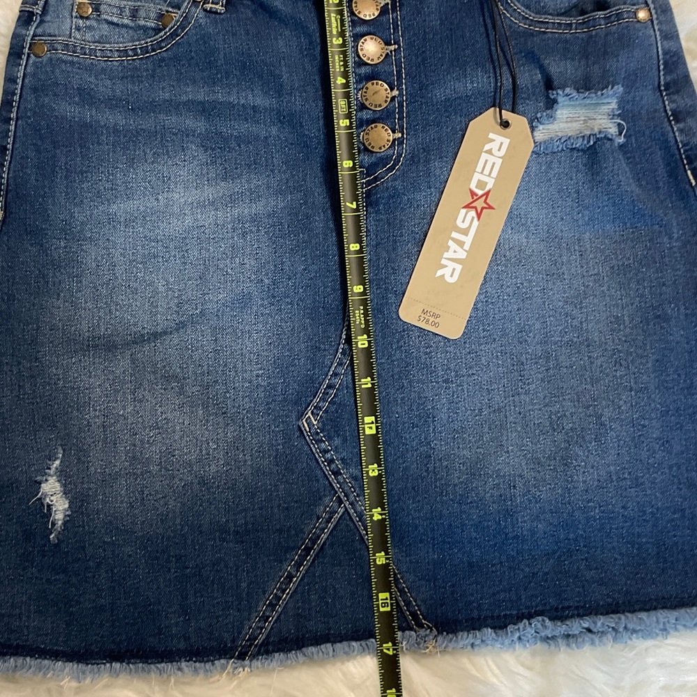 Red Star Button-Front Medium Blue Distressed Denim Mini Skirt Size 2 - Picture 15 of 16